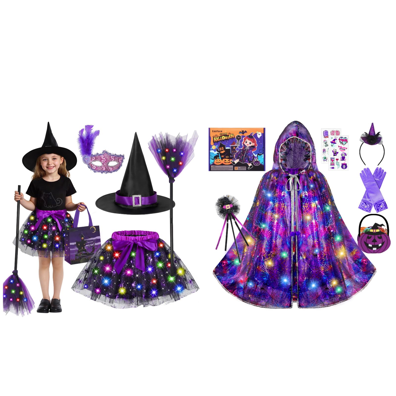 Halloween Costumes Light up Tutu Skirt and Witch Cape Sets for Kids Girls
