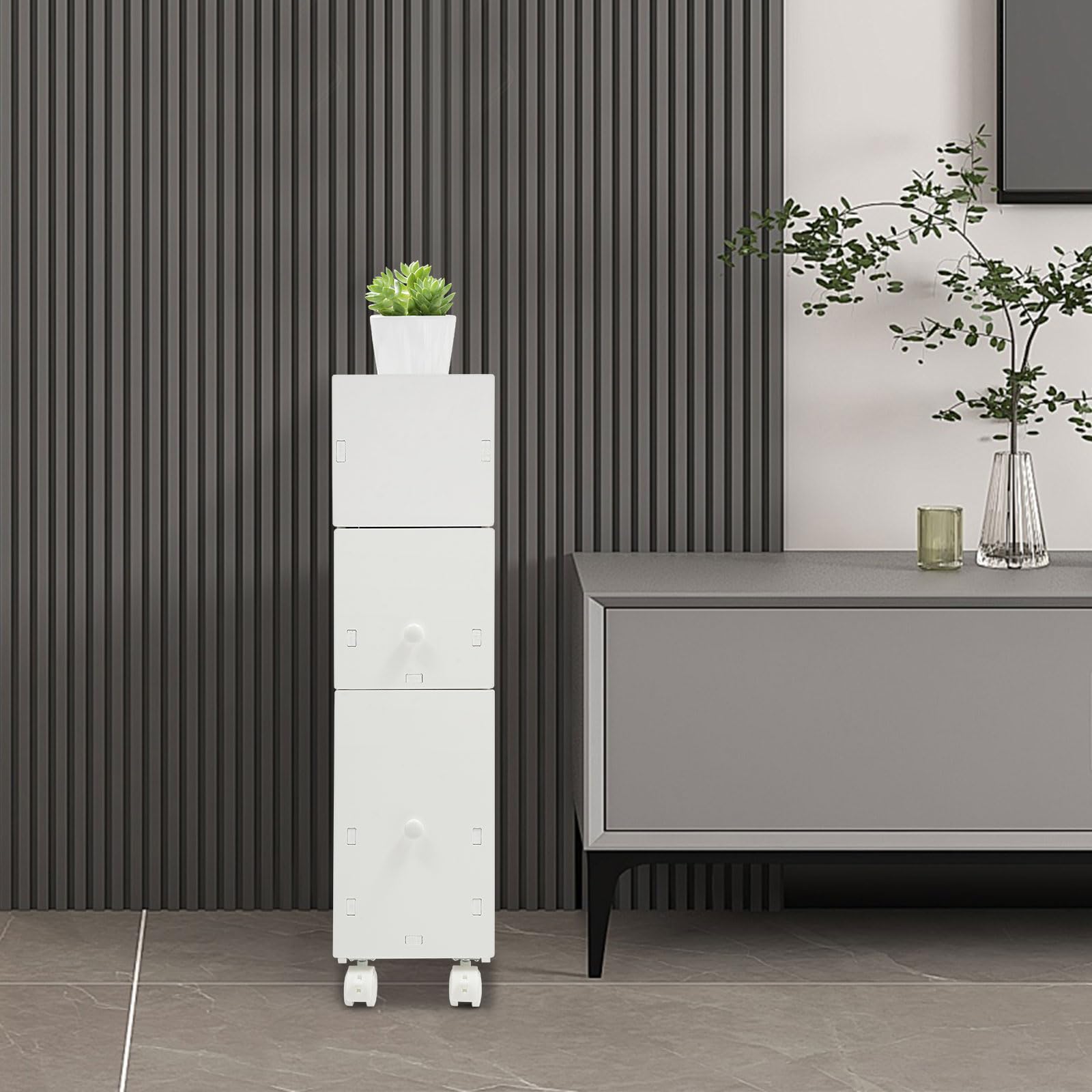 Armoire de Salle de Bain 44x19,5x74cm,2 tiroirs Roues verrouillables