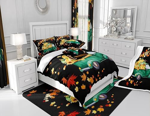 Miniatura 6 de CYJS11386ZMD-BZ_USk - Juego de edredón de otoño con diseño de calabaza, camión, automóvil, hojas de arce, cosecha de otoño, rústico, para niños,