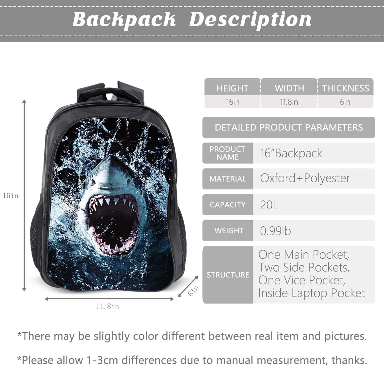 Shark Backpack Ocean Kids Bookbag 16inch Schoolbag With Lunch Box Bag And Pencil Case Set For Boys Girls image 2
