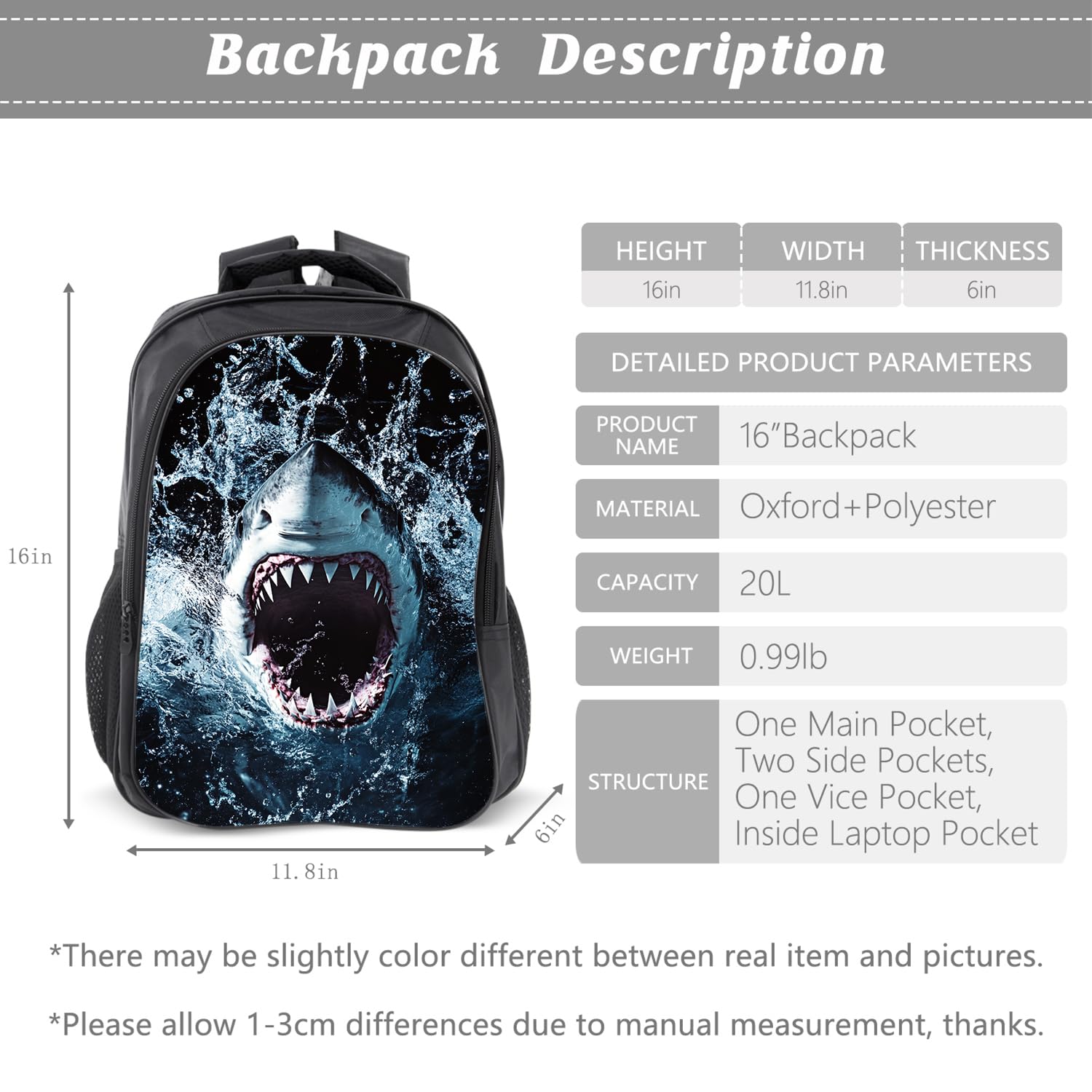 Rylane Shark Backpack Ocean Kids Bookbag 16inch Schoolbag With Lunch Box Bag And Pencil Case Set For Boys Girls