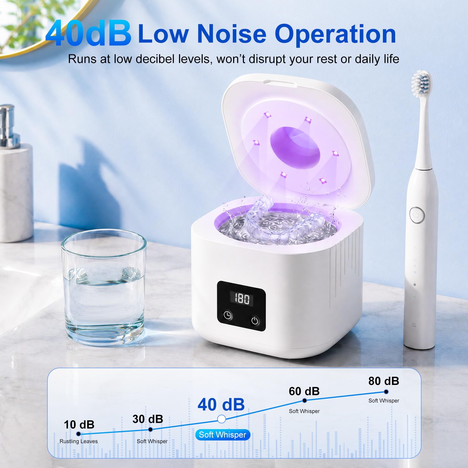 Limpiador Ultrasonidos Dental 49 kHz 340 ml, Dental Pod con 3 Modos de Limpieza y 6 Lámparas UV Esterilizantes, Ultrasonic Cleaner para Férulas, Retenedores, Alineadores, Dentaduras
