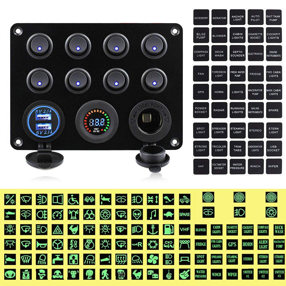 Pannello Interruttori 8 Gang con 2 USB e Voltmetro Controllo LED Rocker IP68 Impermeabile 12V / 24V per Auto, Barca e Marina