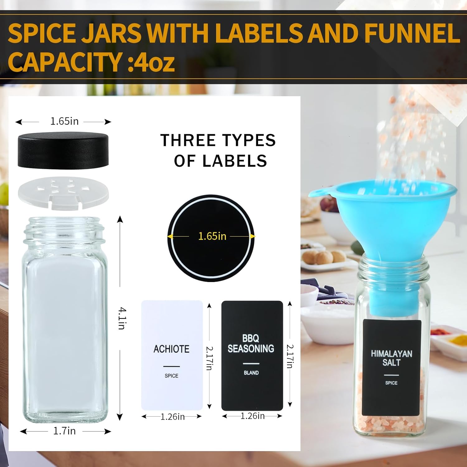24 Glass Spice Jars with Labels,Spice Jar Set,4oz Seasoning Containers,Spice Containers with Black Airtight Lids and Shaker Lids,Square Empty Spice Bottles, 492 Labels,1 Funnel - Image 3