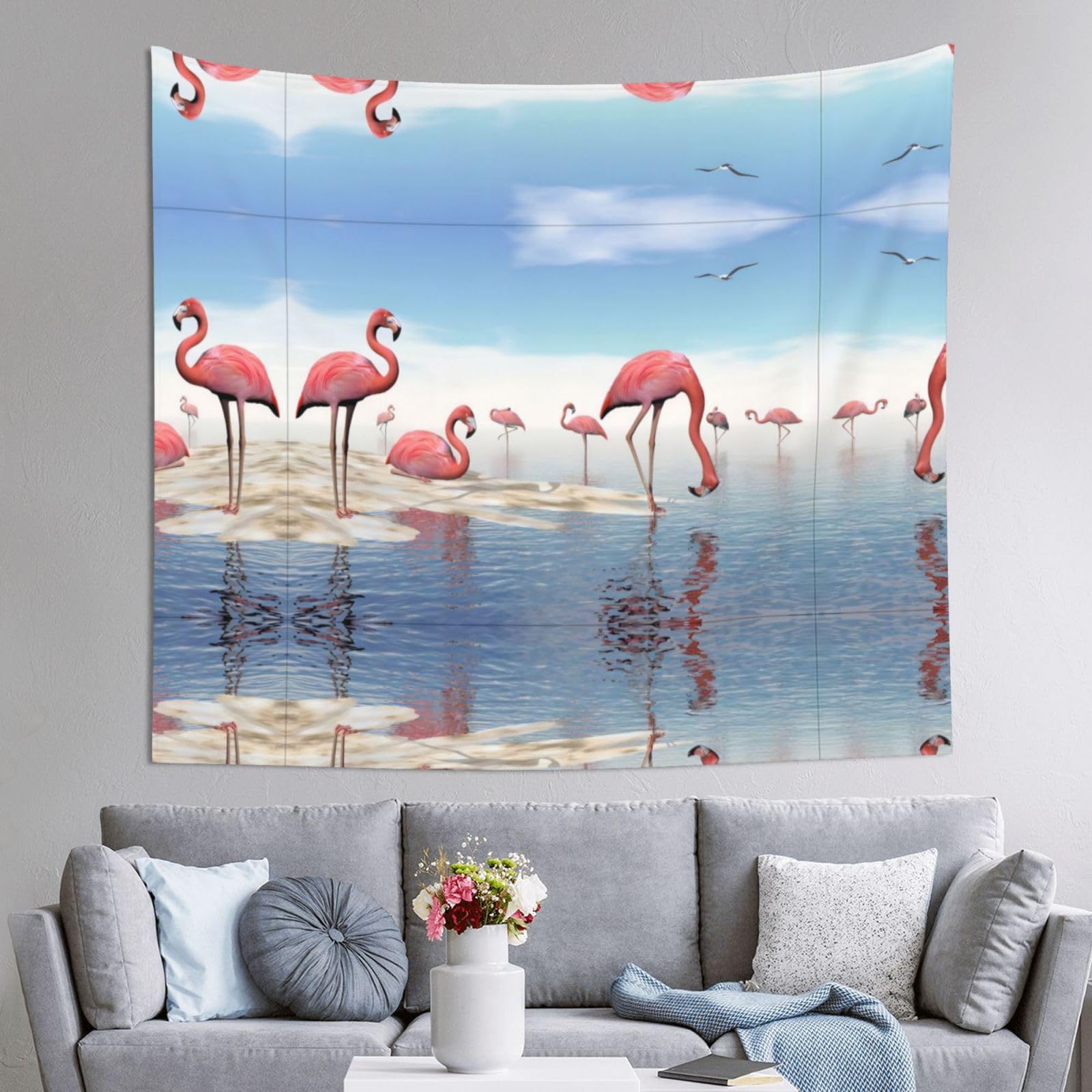 HLSBSSL 60x51in Flock of Pink Flamingos on The Beach Printed Tapestry Tablecloth for Dormitory and Picnic Rooms - Multifunctional Fabric Hanging