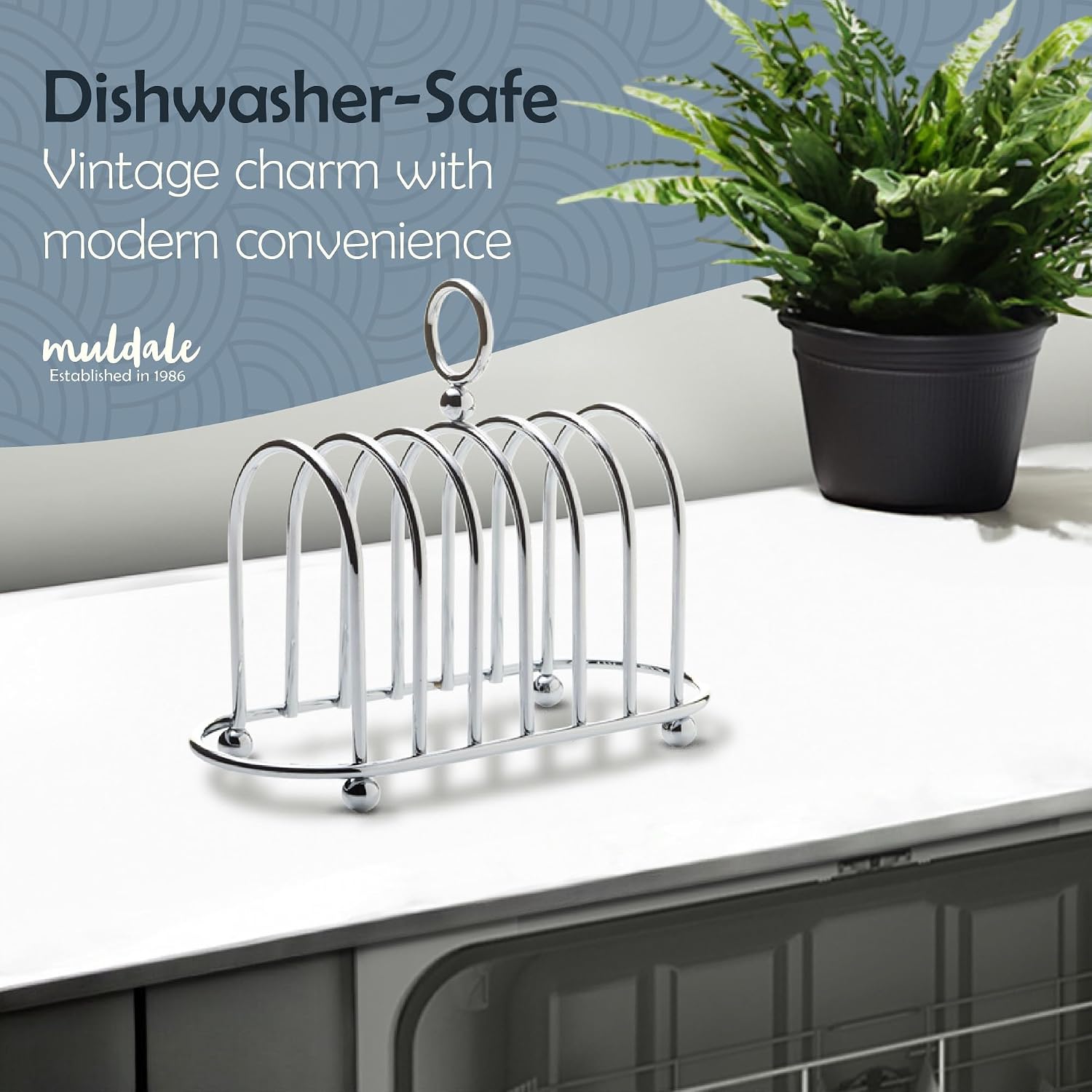 Muldale Toast Rack English Style - Victorian Chrome Holder for 6 Slices | Vintage Sturdy Stainless Steel Toast Stand with Ball Feet - British Caddy - 0.5" Wide Gap