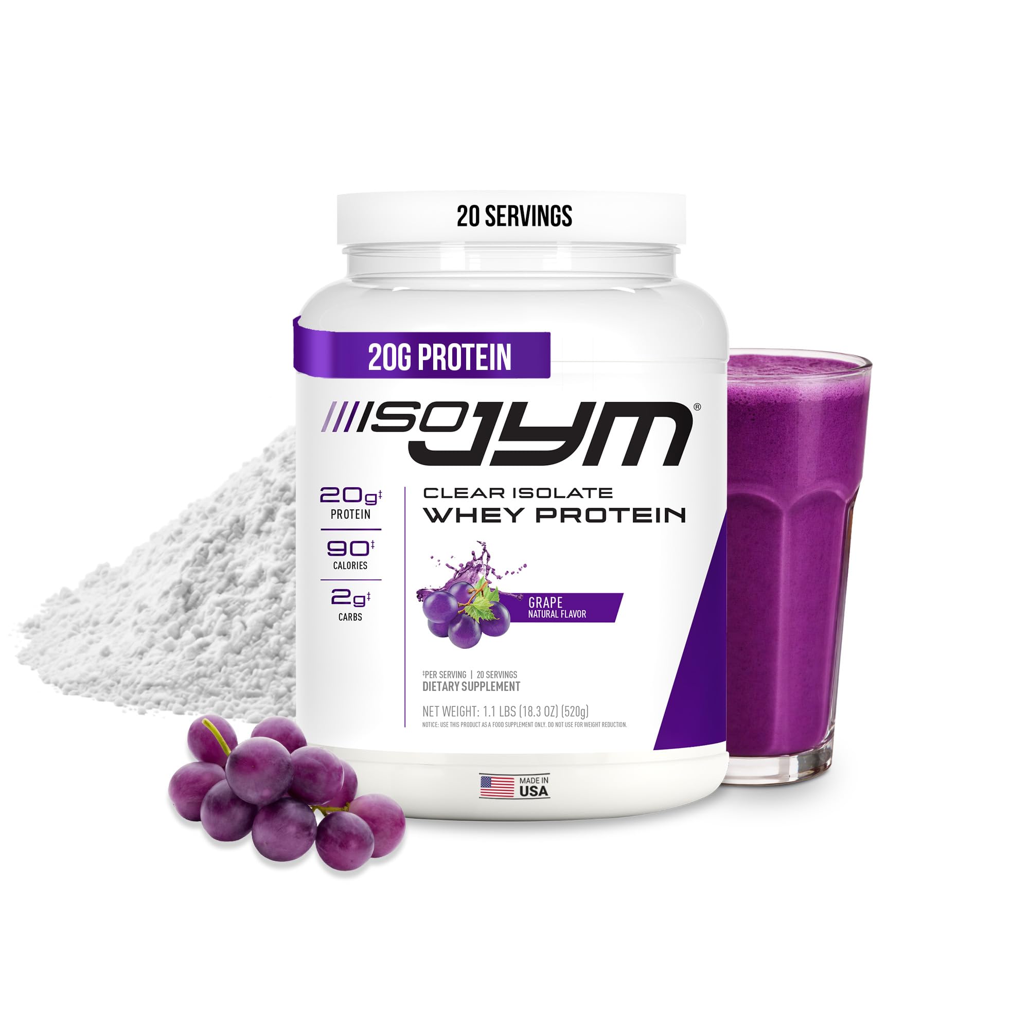 Iso JYM Grape, 90 Calories, 100% Whey Protein Isolate, Zero Fat, Zero Sugars, Mixes Clear, for Women & Men, 20 Servings