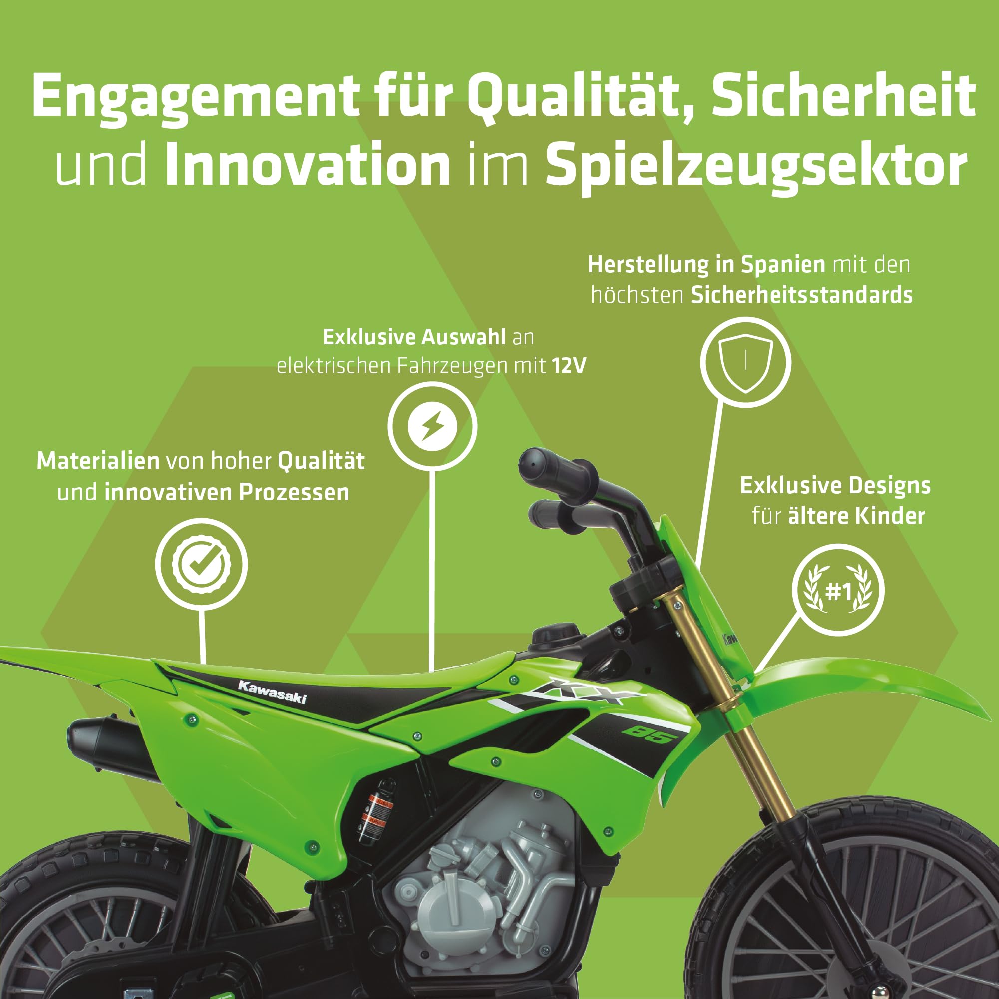 Elektro Motorrad Kinder 3-6 Jahre Kawasaki 12V Offiziell Lizenziert + Fußpedal + Automatische Bremse + Stützräder + Motocross Design | INJUSA