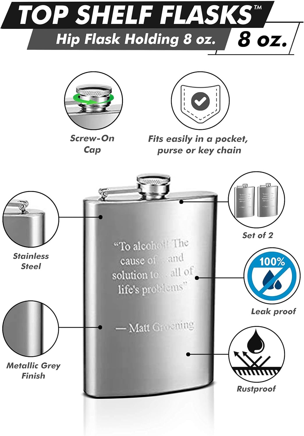 Hip Flask Holding 8 oz - Pocket Size, Stainless Steel, Rustproof, Screw-On Cap - Metallic Grey Finish Perfect for Engraving - Set of 2