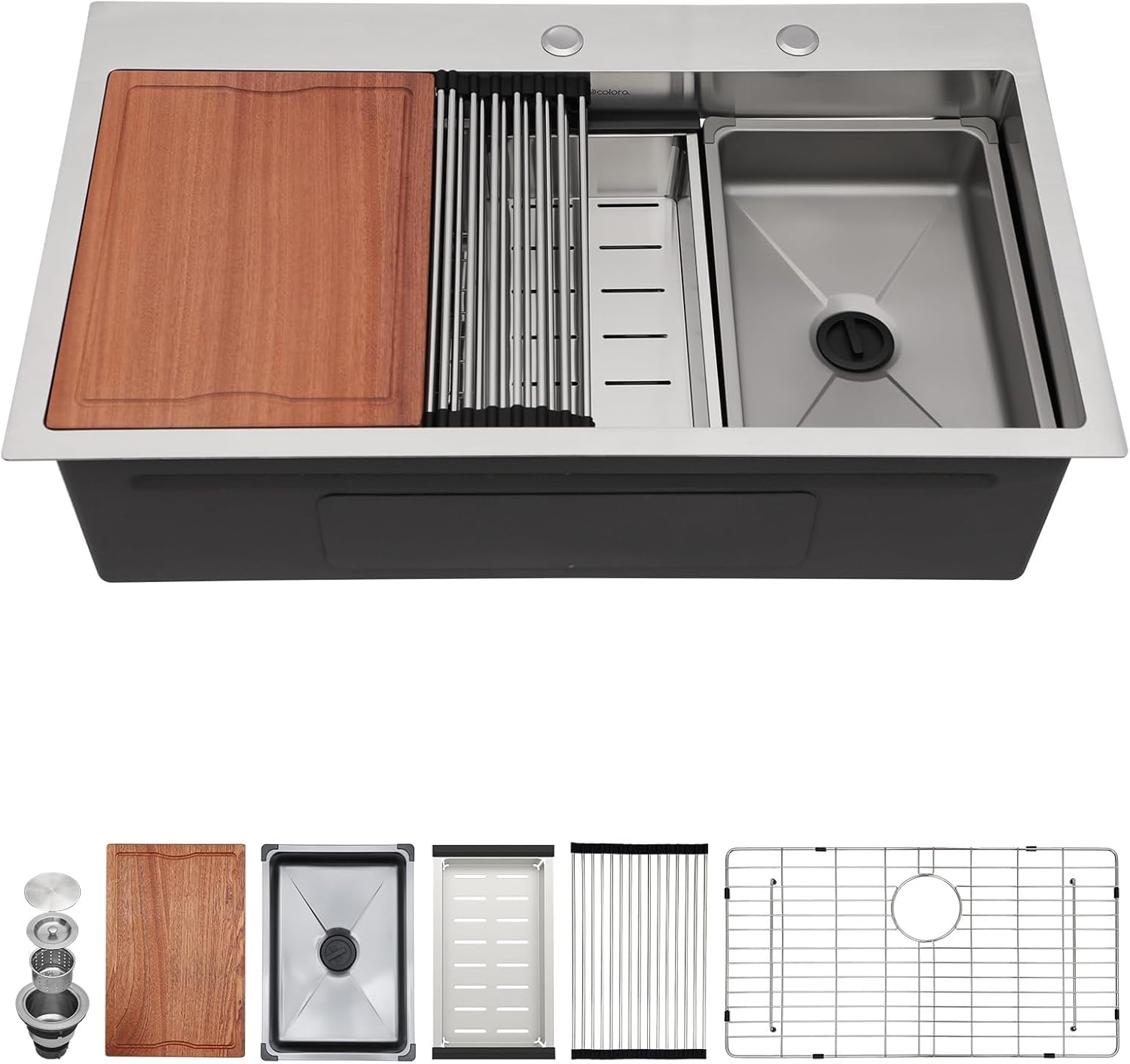 Dcolora 33x19 in. Drop In Kitchen Sink Workstation Luxury Topmount Large Sink Overmount Multifuctional Stainless Steel Single Bowl Sink For Kitchen With Inner Basin, DC-TW0102