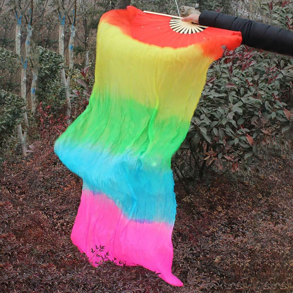 WEISIPU 1.8m Belly Dance Fan Handmade Bamboo Fans Artificial Silk Veils Right Hand (Five-Color Gradient) : Sports & Outdoors