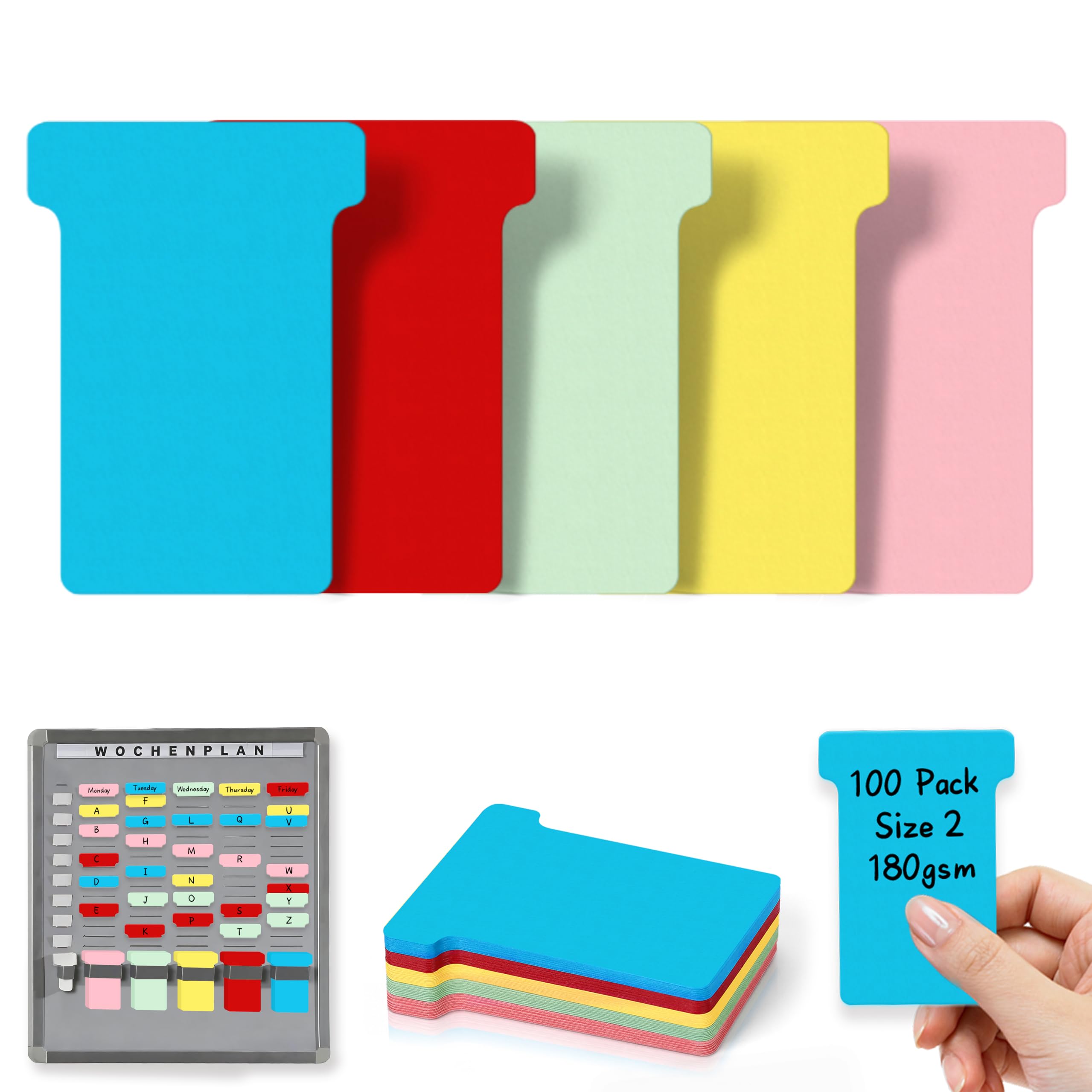 100 Pack Size 2 T-Card Planning Card Re-Fills 180gsm Colored T Cards Red Yellow Blue Pink Green for Pegboard Office Wall Planner System W60x Bottom W48X Full H85mm