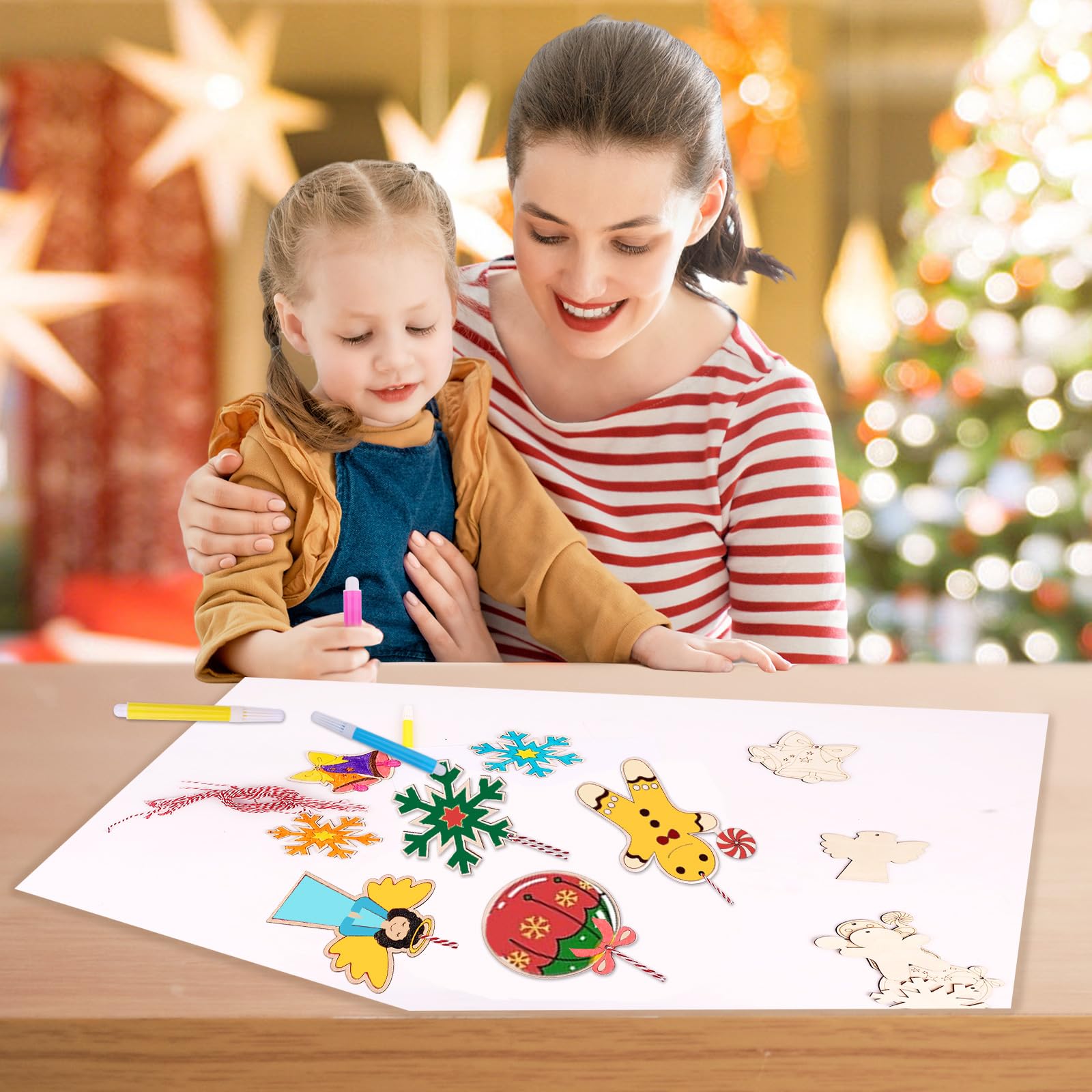 213 Pezzi Addobbi Natale In Legno Fai Da Te, Forme Varie Con Spago E Campanellini, Da Dipingere Per Albero
