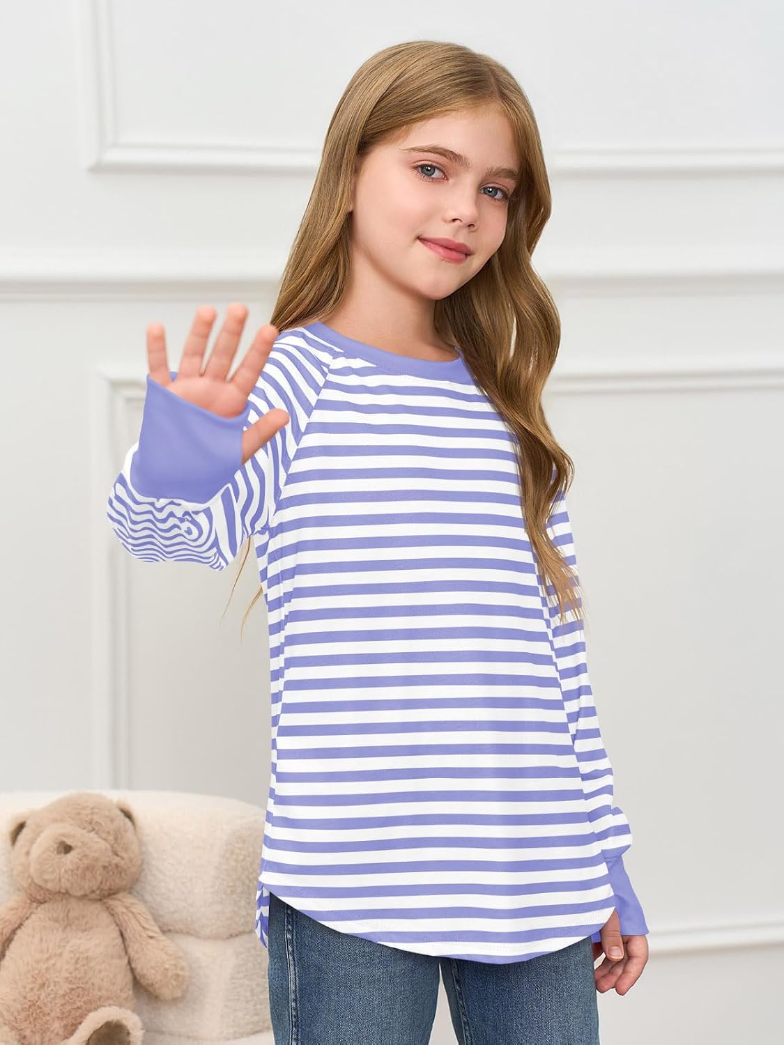 Haloumoning Girls Striped Long Sleeve Shirts 5-14 Years