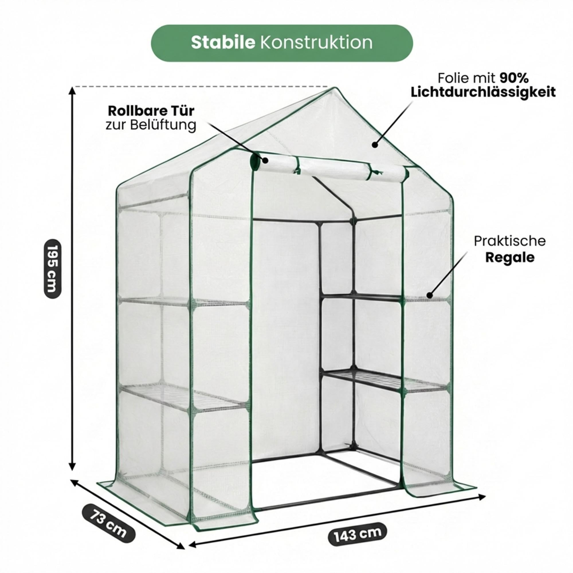 AKORD Mini Gewächshaus in Hausform mit Metallgestell & Regalen, Begehbares Foliengewächshaus mit PE-Folie & UV-Schutz, 143x73x195 cm, Weiß