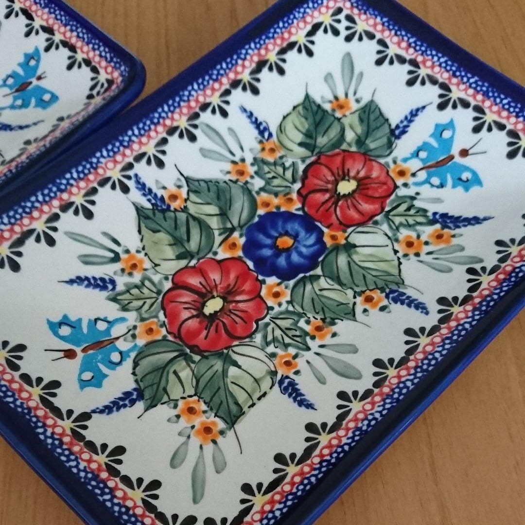 ポーリッシュポタリー 長方形のお皿 大 赤花 ２個セット