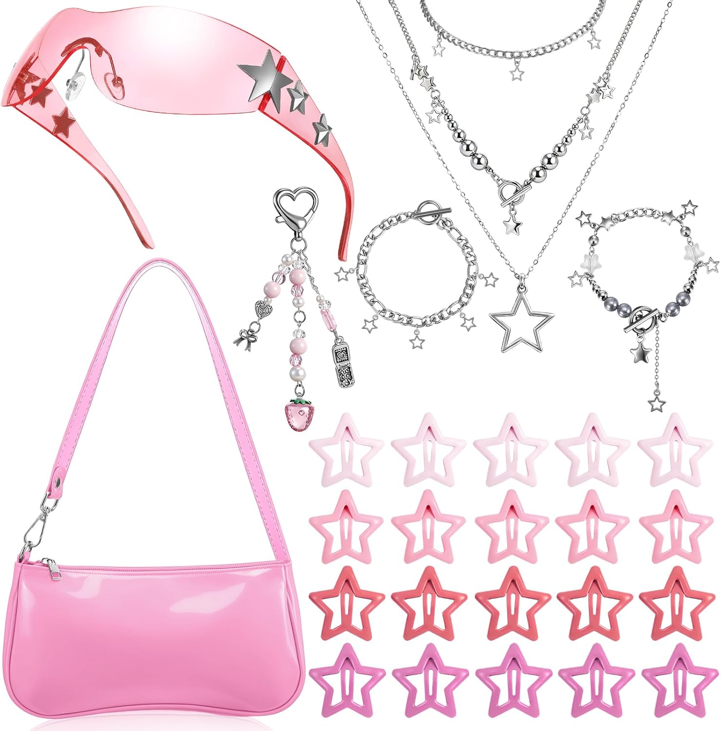 Y2k Accessories Set Patent Leather Shoulder Bag Grunge Layered Necklace Bracelets Y2K Sunglasses Star Clips Pink Keychain Vintage Jewelry Set for Women