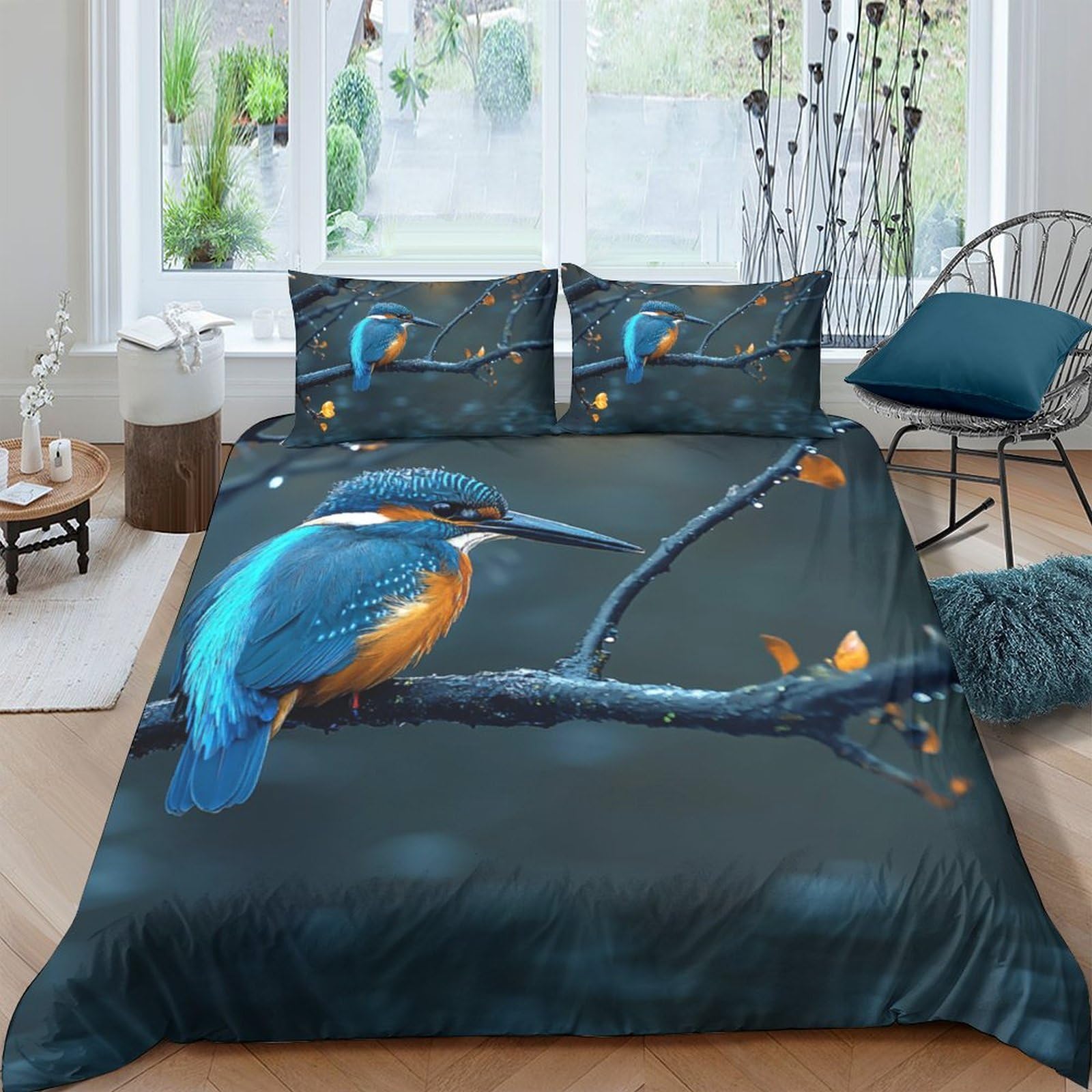 Ctjqhvkz Style-5 3D Printed Kingfisher Blue Branch Fitted Sheet Microfiber Soft Breathable Bird Mattress Cover Bedroom Decor Single（135X200cm）