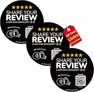 Multi-link Review & Social Media Sticker Decal(3 Pack)– NFC Tap or Scan to All Links – QR Code Sign for Review, Instagram, Facebook & more – Indoor/Outdoor – No App/Fees – Smartphone Compatible