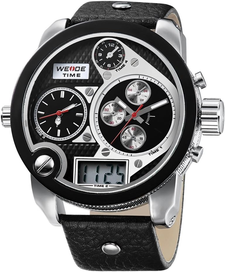 Weide 3 Time Zone Oversize Black White Dial Dual Display Analog Mens Bracelet Watch WE129