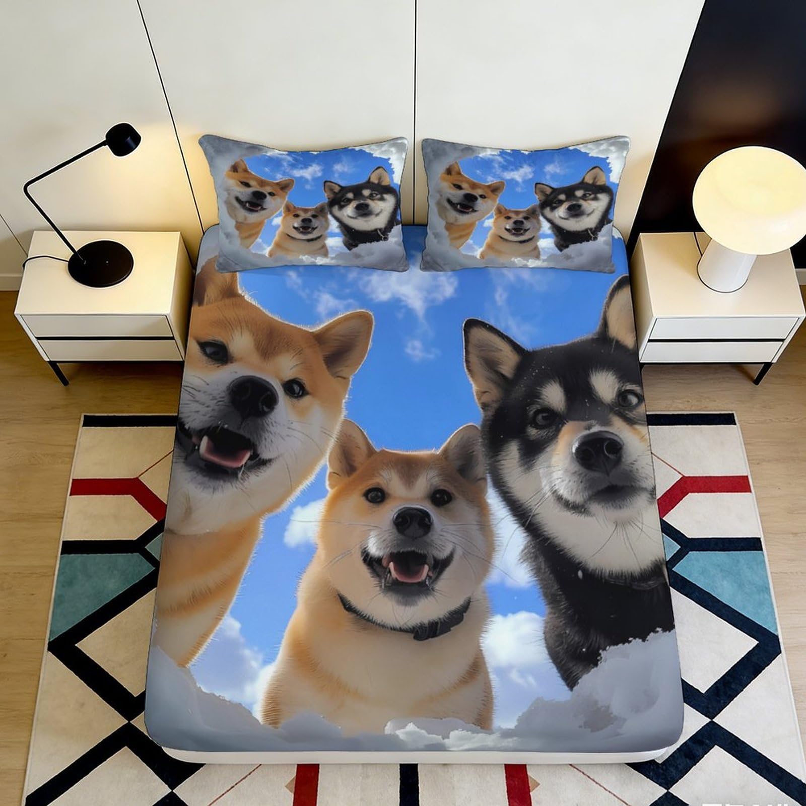 3D Printed Shiba Inu Dog Sky Fitted Sheet Microfiber Non-slip Mattress Cover for Bedroom Guest Room Decor 90x200x25cm