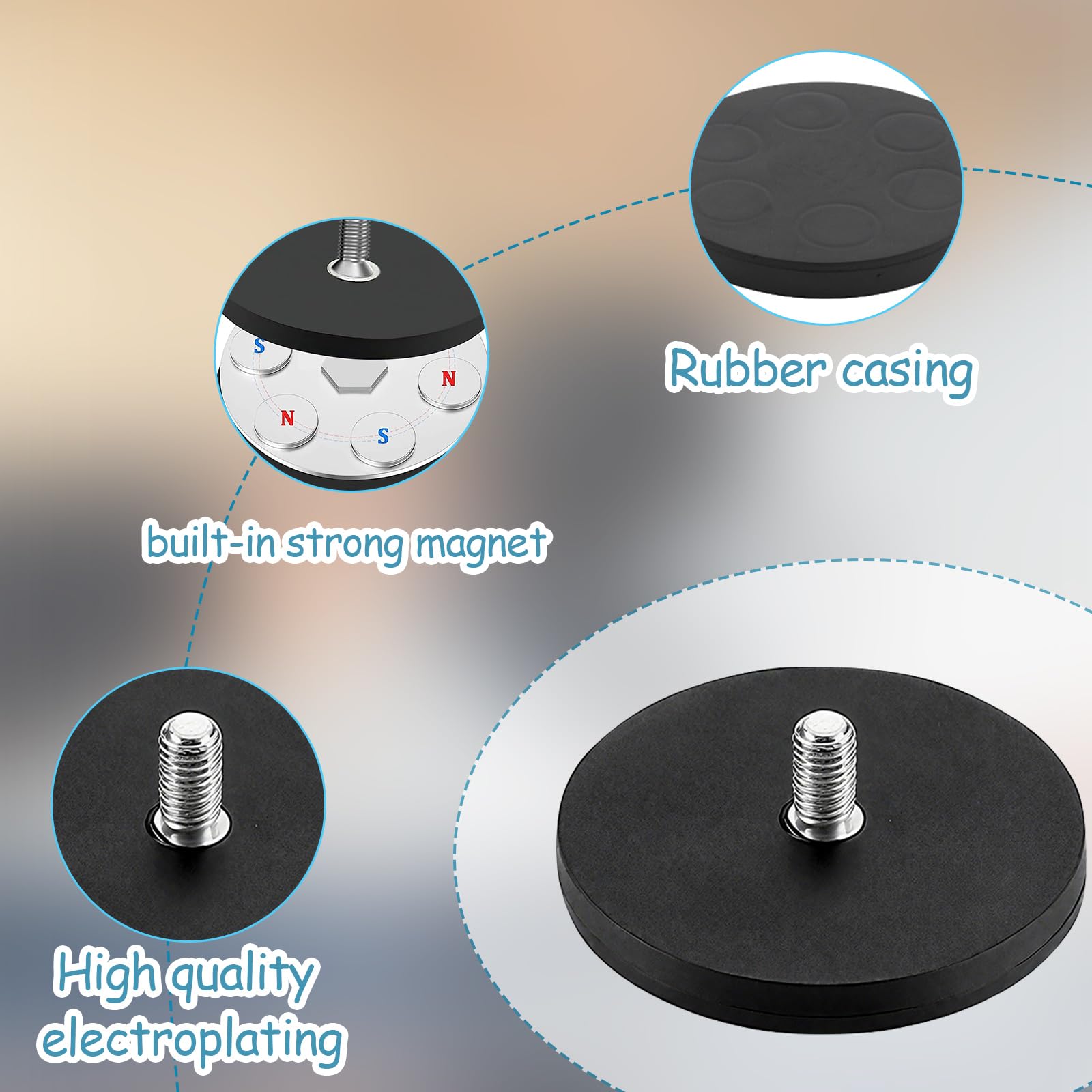 Neodym Magnete Gummiert, 8 Stück Magnet mit Gewinde Ø 43mm mit M6 Außengewindebolzen, Haftkraft Magnetsysteme mit Gummimantelm, Magnet mit Gewinde Haftkraft Bis 17 kg