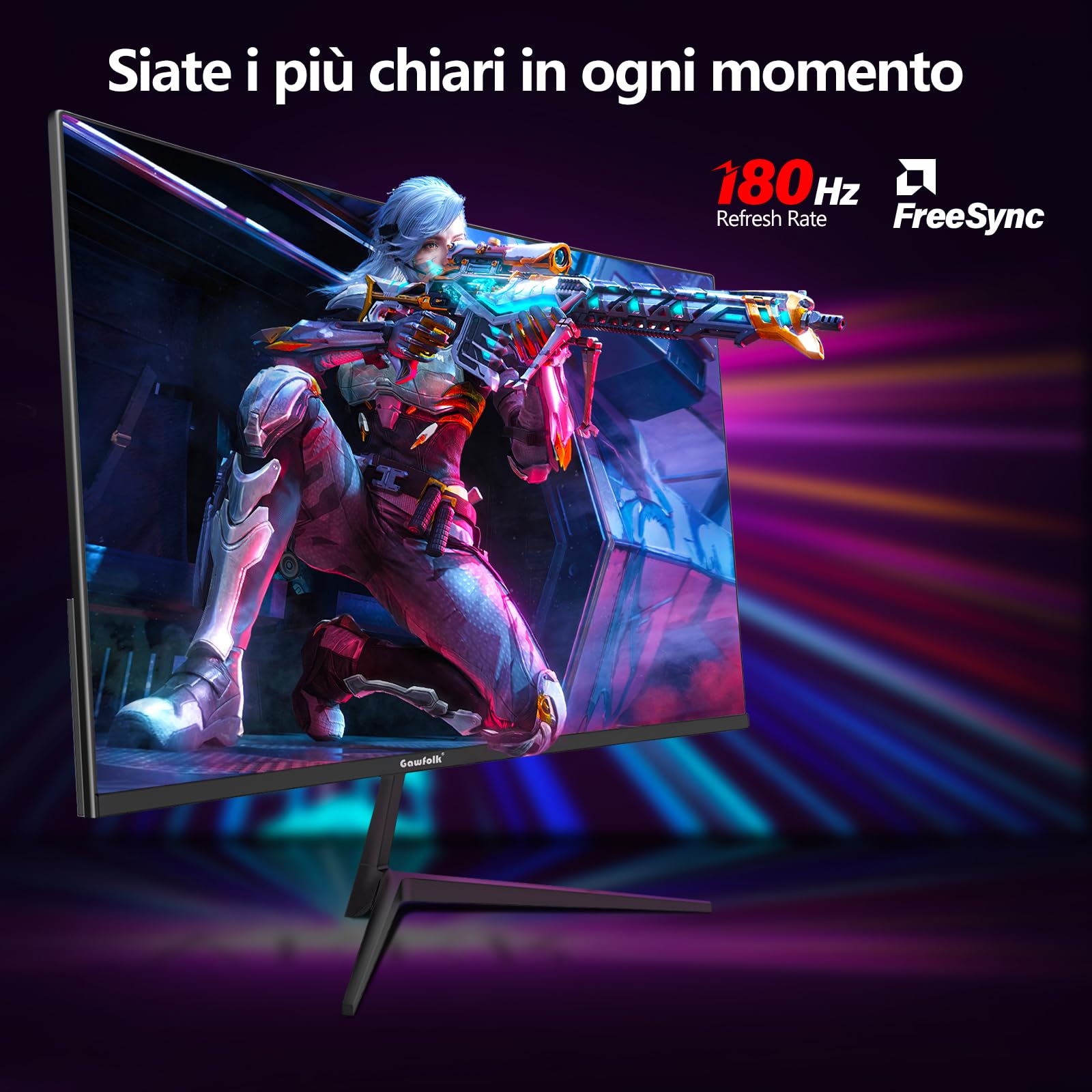 Gawfolk 24 pollici 180Hz monitor di gioco curvo, 100% sRGB,FHD 1080P screen,1ms,senza bordi, FreeSync, grandangolo 178°,HDMI,DisplayPort, VESA 75 * 75mm - nero