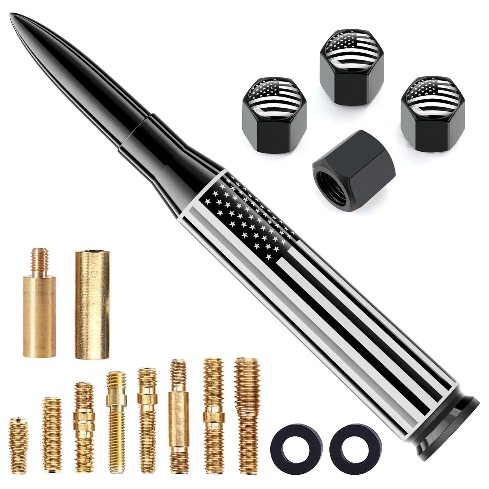 Car Truck Antenna Big American Flag with Tire Valve Caps Universal Short Replacement for GMC Sierra Chevy Silverado Dodge Ram 1500 2500 3500 Ford F150 F250 F350 Super Duty Raptor Accessories, Black