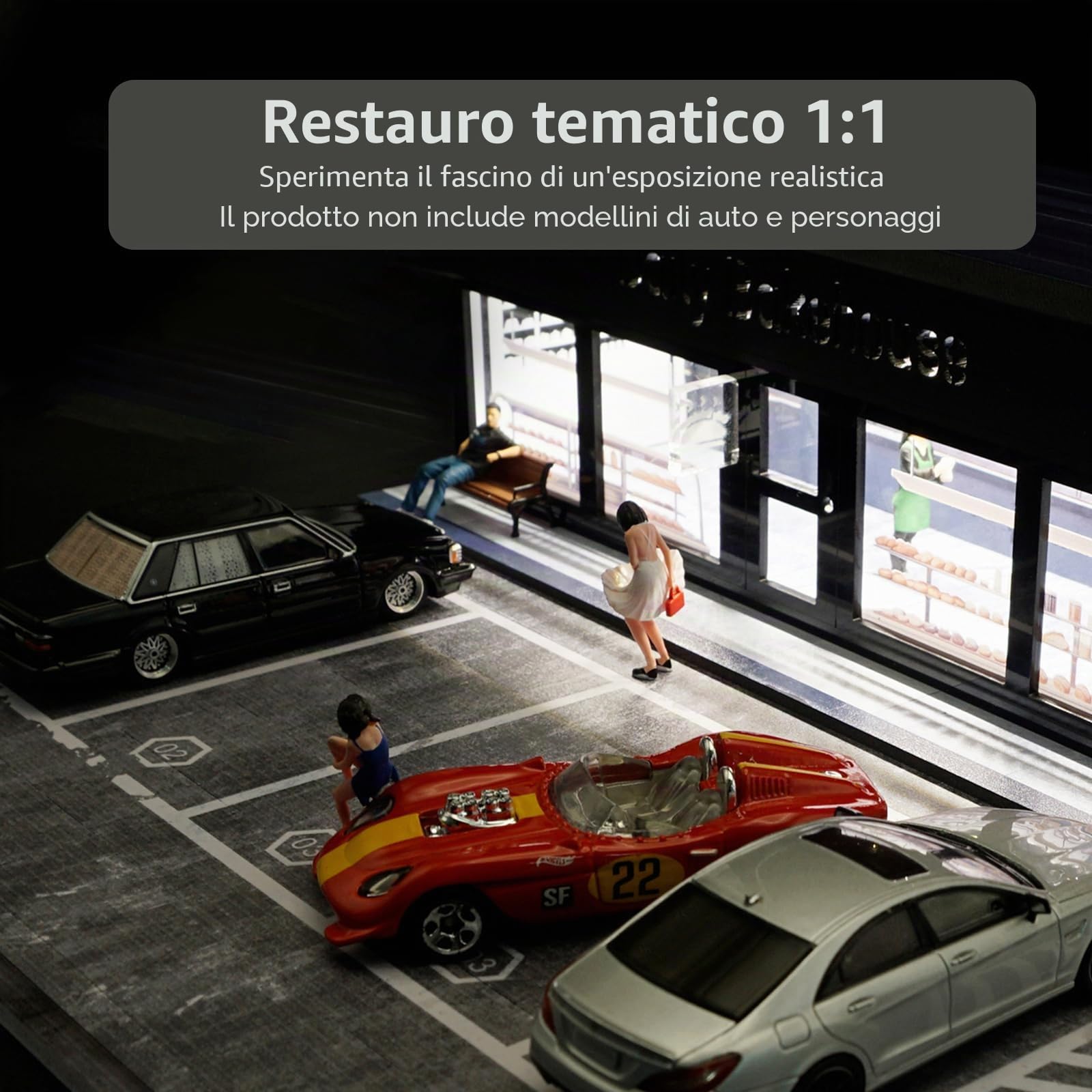 Diorama 1/64 Parcheggio, Garage Per Auto Giocattolo con Illuminazione LED, per 1/64 Scala Diecast Modello Auto, Scena Display, 5 Posti Auto All'aperto (Daily Bakehouse)