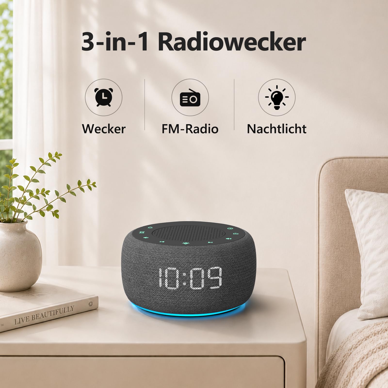 Buffbee Digitaler Radiowecker für das Schlafzimmer - 7-farbiges Nachtlicht, High-Fidelity-Klangqualität mit nach oben gerichtetem Lautsprecher, 4 Wecktöne, Full Range Display Dimmer für den Nachttisch