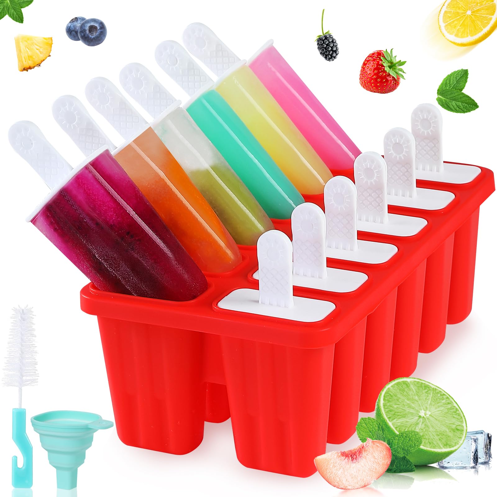 Popsicle Molds,Silicone Ice Pop Molds,BPA Free Popsicle Mold Reusable Easy Release Ice Pop Maker,Homemade Popsicle Mould with Silicone Funnel and Cleaning Brush (Red, 12 Cavities)