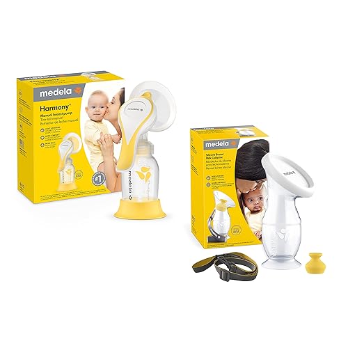 Medela Paquete de par perfecto con extractor de leche manual Medela Harmony y colector de leche materna de silicona, ligero y discreto, fabricado