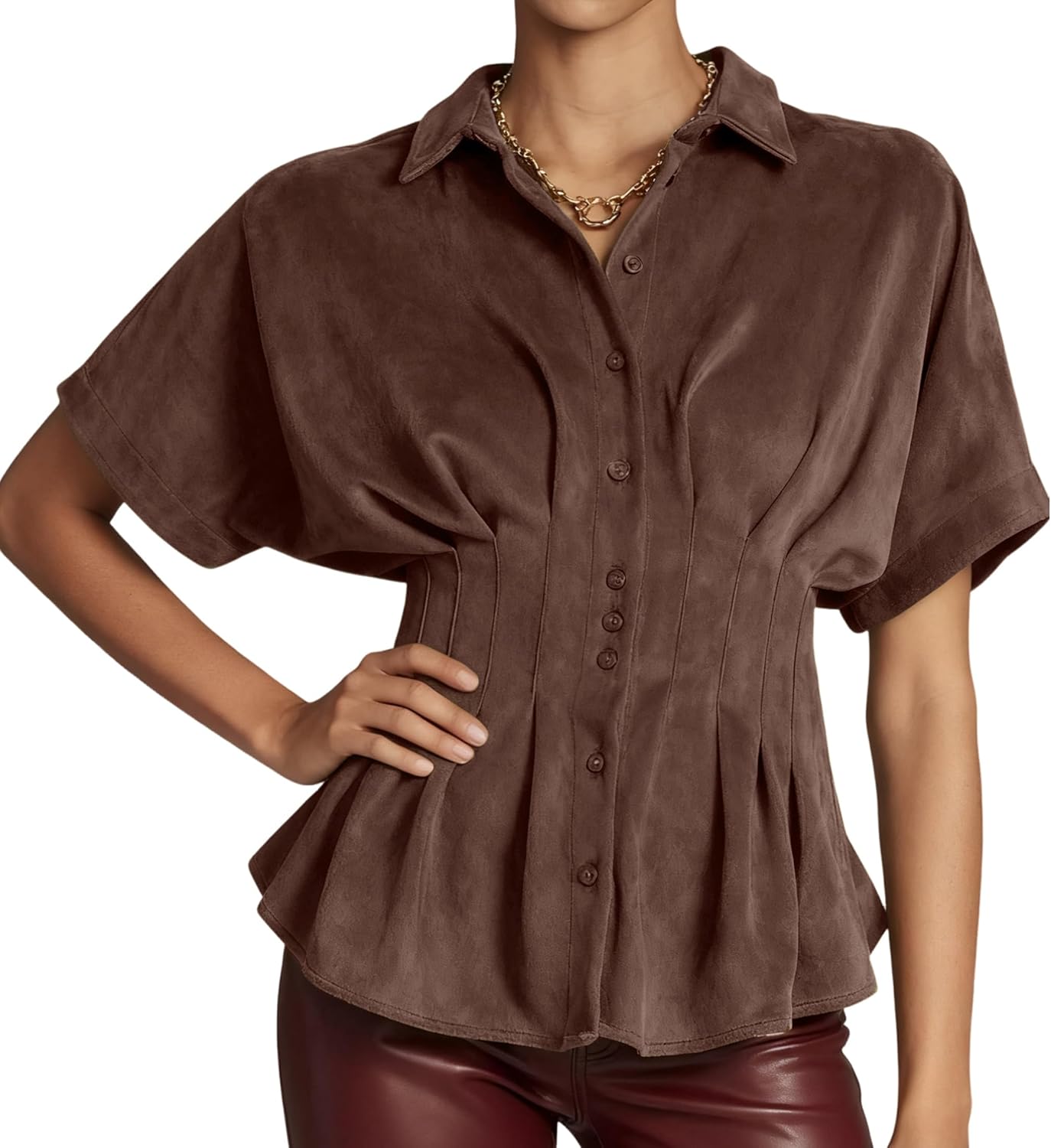 Women's Casual Faux Suede Shirt Button Down Peplum Tops Short Sleeves Flared Blouse