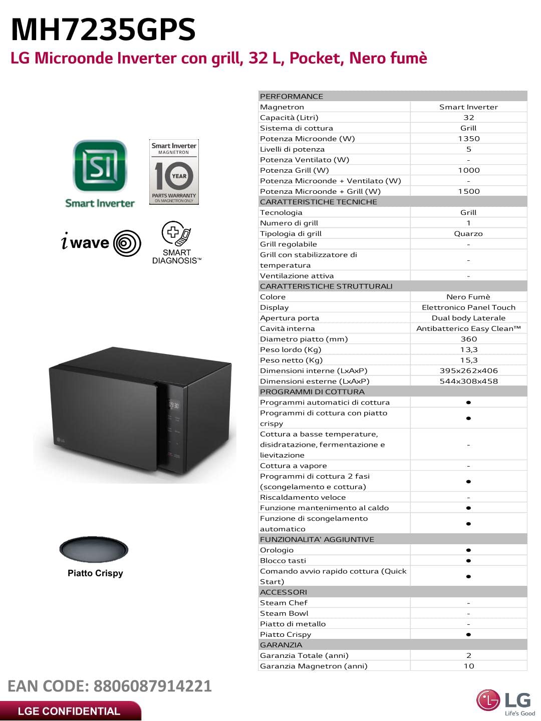 LG MH7235GPS Mikrowelle Smart Inverter mit Quarzgrill, 32 Liter, 1200 W, Automatikprogramme, 5 Leistungsstufen, inklusive Mikrowellenteller Crispy - Schwarz Rauch