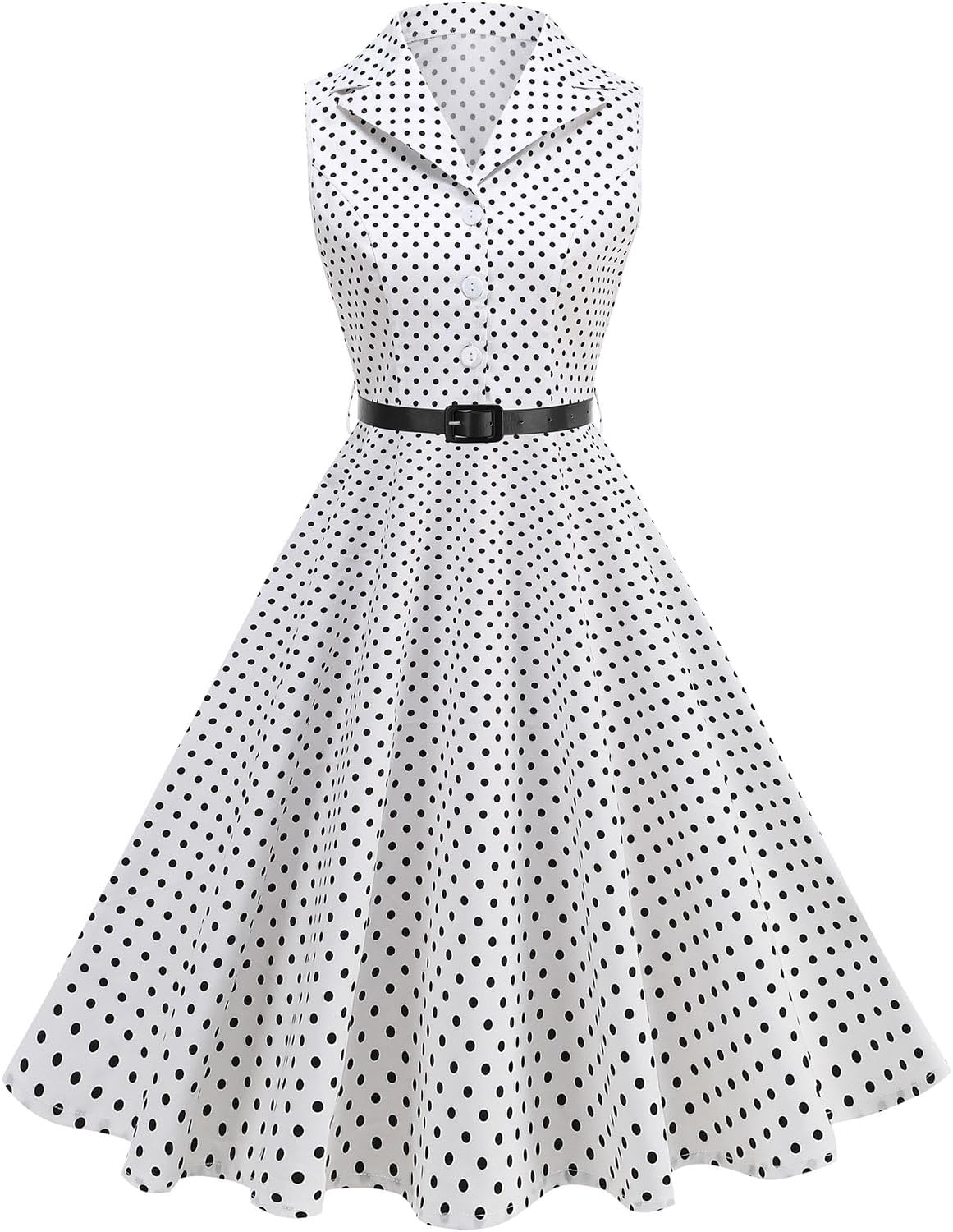 Women's 1950s Retro Polka Dot Vintage Dress Sleeveless Cocktail Prom Swing Midi Belt Dresses Notched Lapel