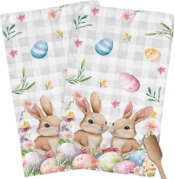 Easter Kitchen Towels Bunny Eggs HHand Towels Spring Flower Grey Plaid Seasonal Spring Decoration Dish Towel Soft Absorbent Quick Drying 2 Pack Dish Cloths 18x28 Inch