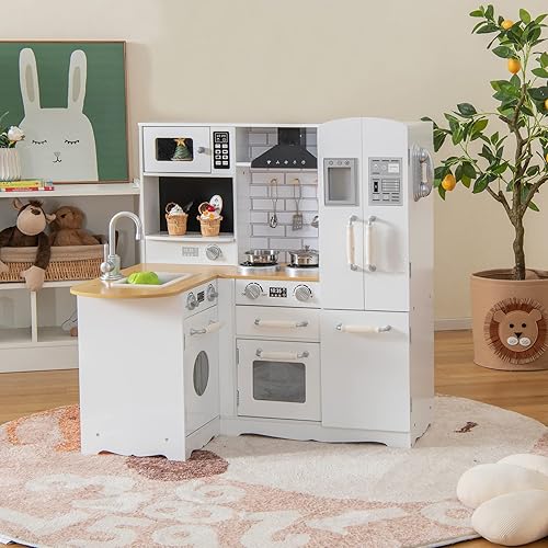 Miniatura 2 de OLAKIDS Juego de cocina de esquina para niños, cocina de madera para niños pequeños con teléfono, microondas, refrigerador, dispensador de agua,