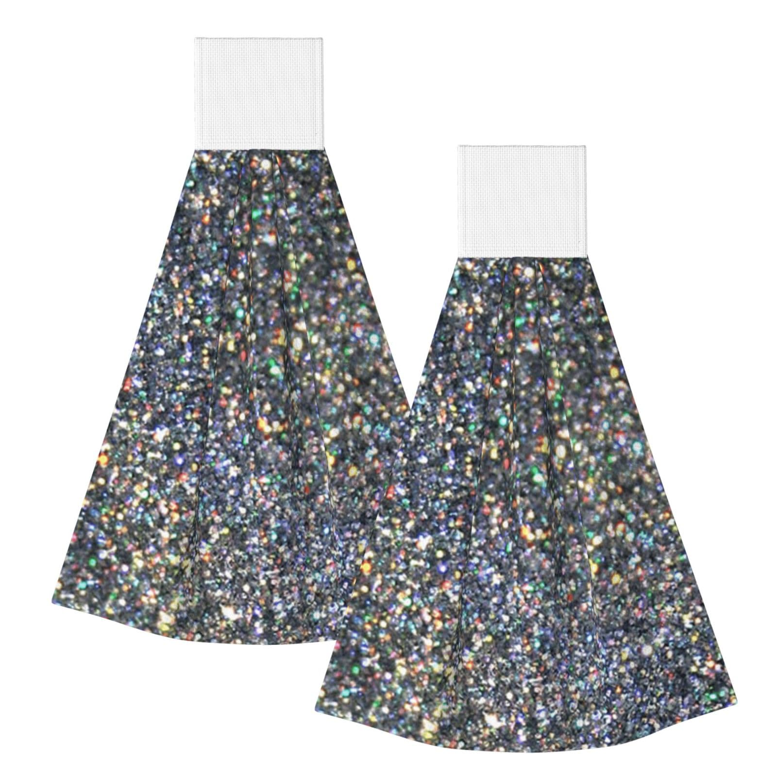 DOPKLNA Silver Glitter Rainbow Sparkle, 2 Pcs Hanging Coral Fiber Hand Towels for Bathroom, Absorbent Kitchen Towels