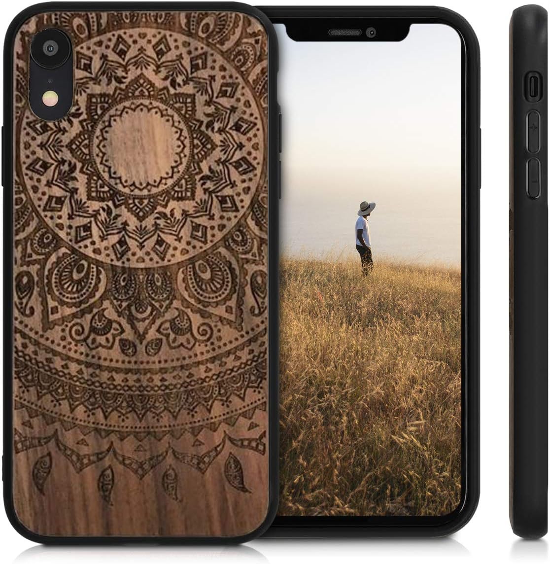 kwmobile Wood Case Compatible with Apple iPhone XR Case - Cover - Indian Sun Dark Brown