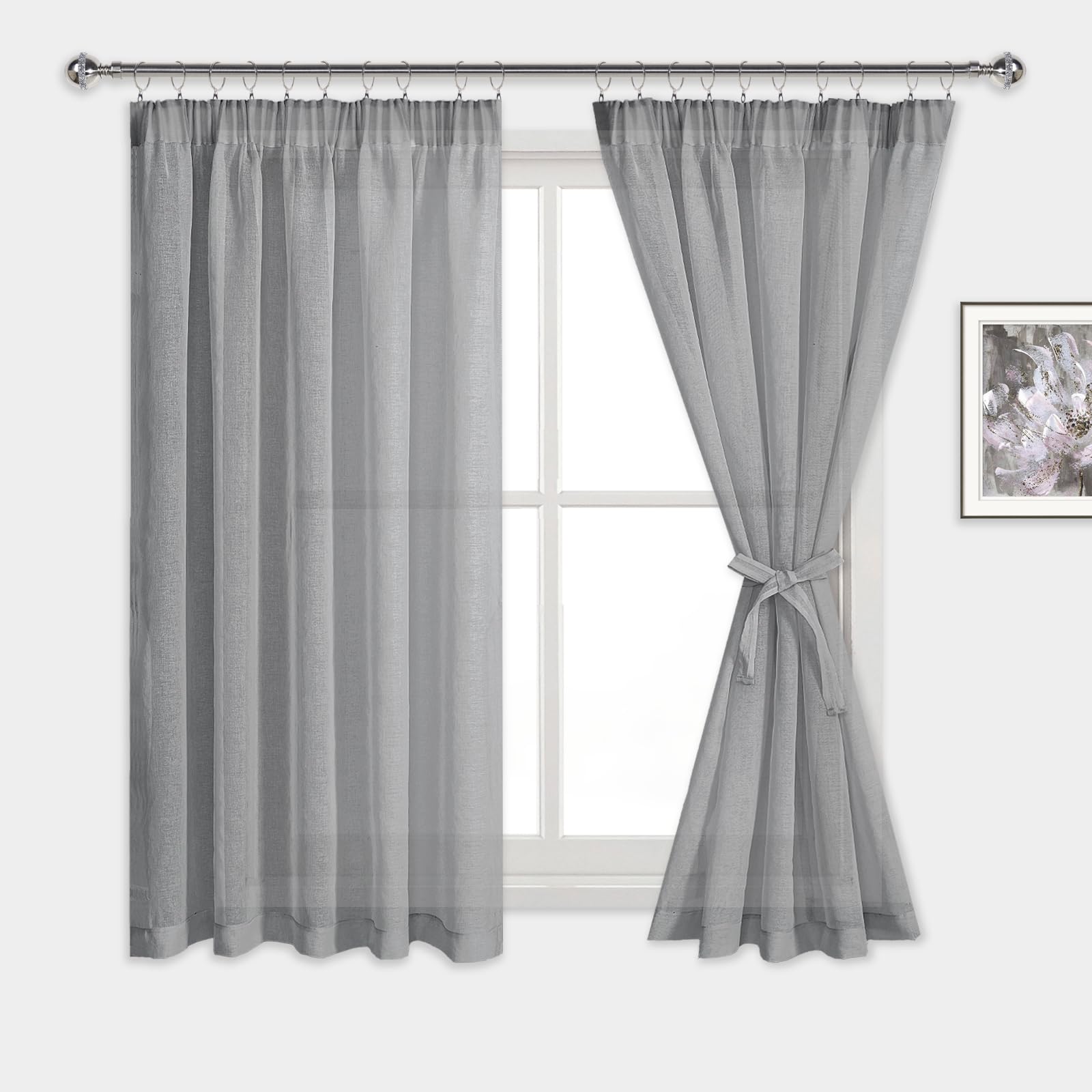DWCN Grey Net curtains for Windows Pencil Pleat Sheer Curtains with Tiebacks Voile Curtain 2 Panels, Grey, W52 x L63 Inch