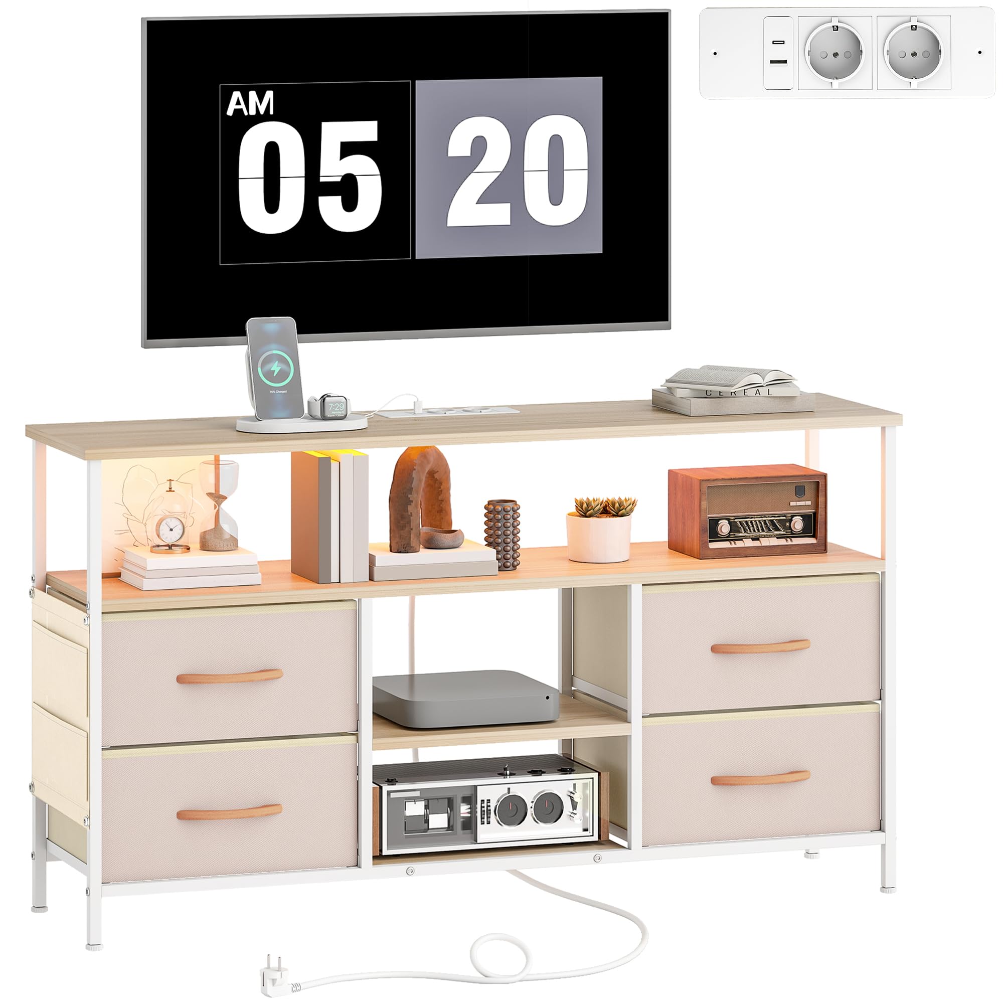 HOMCOM Mueble de TV con Luz LED Enchufes hasta 50 Pulgadas Beige y Natural | Mesa de TV para Salón, Puertos USB, Estantes Abiertos, 4 Cajones de Tela Plegables y Bolsillo