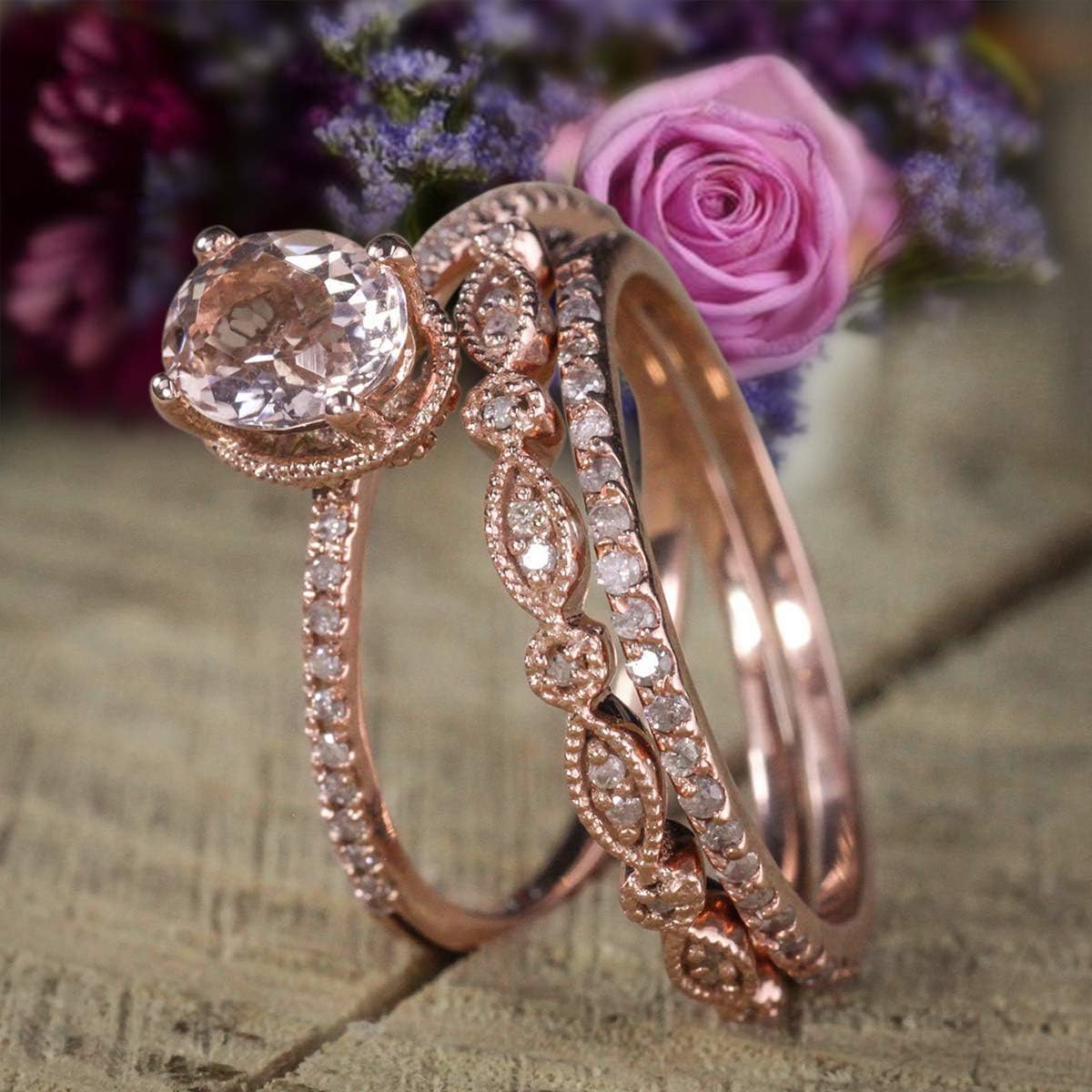 Sale 2 carat Antique Design Oval Shape Morganite & Diamond Trio Ring Set in 10k Rose Gold