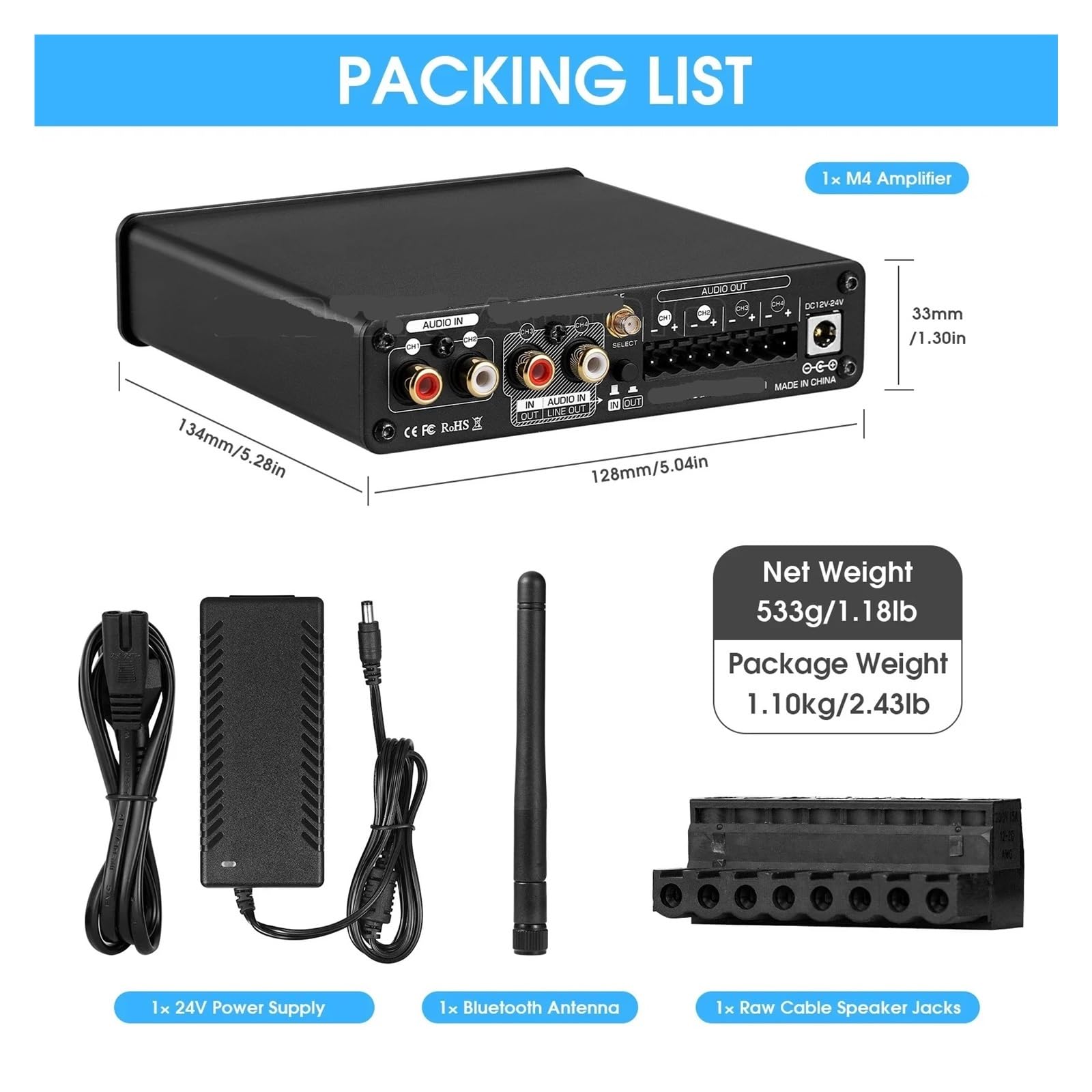 HiFi Stereo 5.0 Digital Power Amplifier USB Music Player 2/4 Channel Home Multi-Zone Audio Amplifier Receiver 50W*4