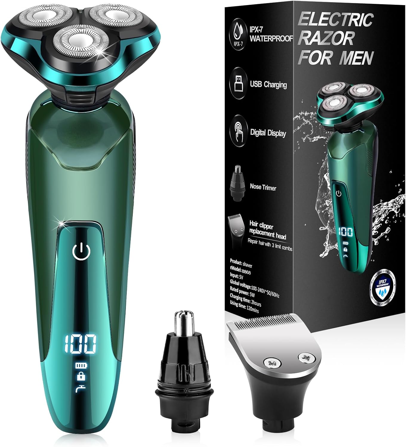 Electric Razor for Men, Electric Shavers for Men's Faces, Detachable Blade 3D Rotary for Shaving with Nose Trimmer Face Cleaning Brush Head Shavers, Wet/Dry/Waterproof Razors for Men Matte Green