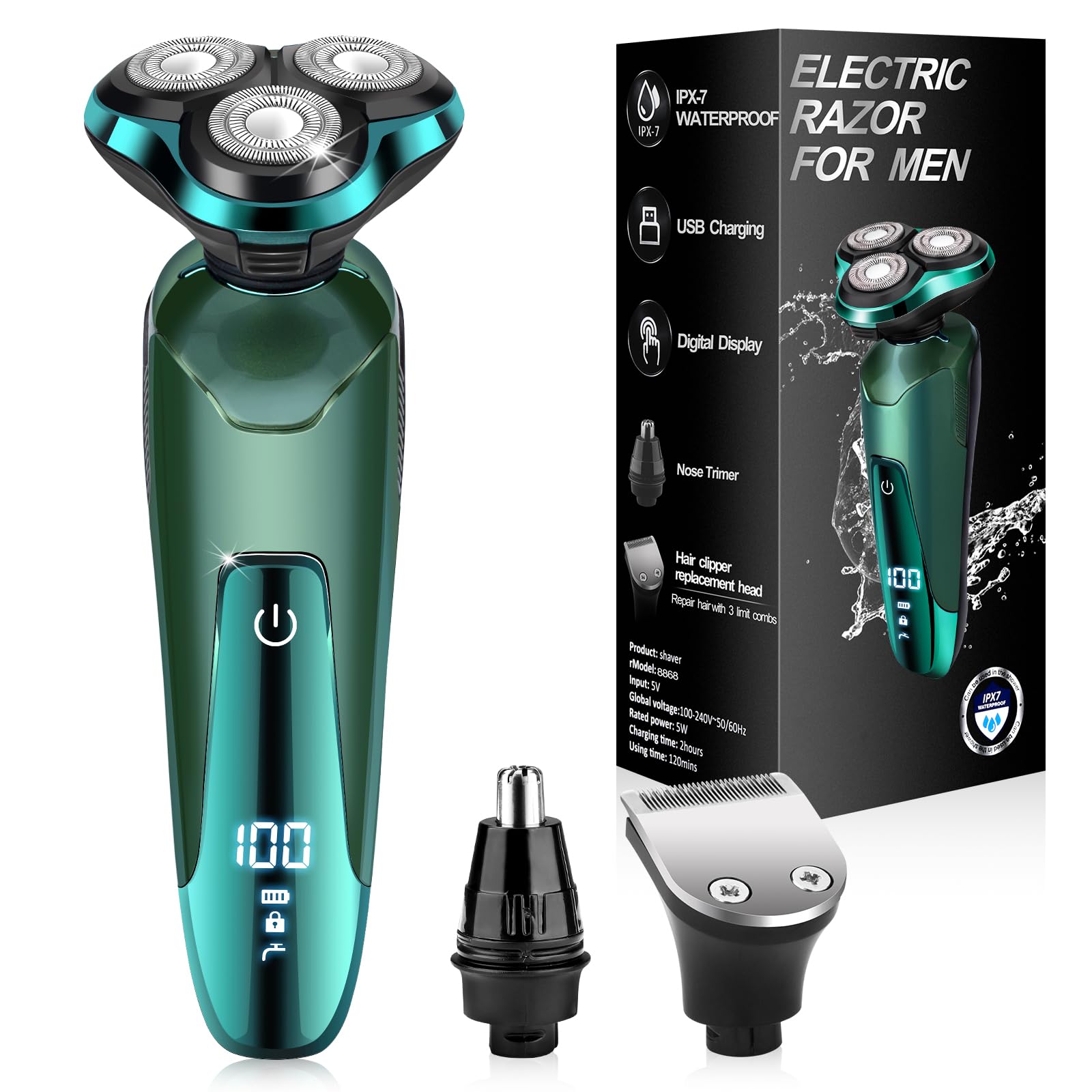 Electric Razor for Men Electric Shavers for Mens Faces Detachable Blade 3D Rotary for Shaving with Nose Trimmer