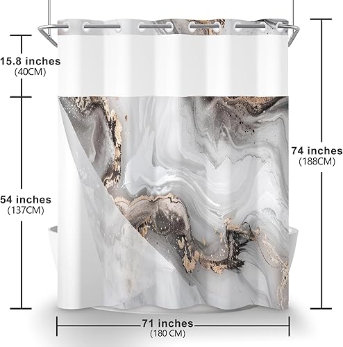 Miniatura 7 de Cortina de ducha sin gancho con forro a presión, mármol gris, textura moderna de tinta grieta, cortina de ducha de doble capa, tela impermeable,