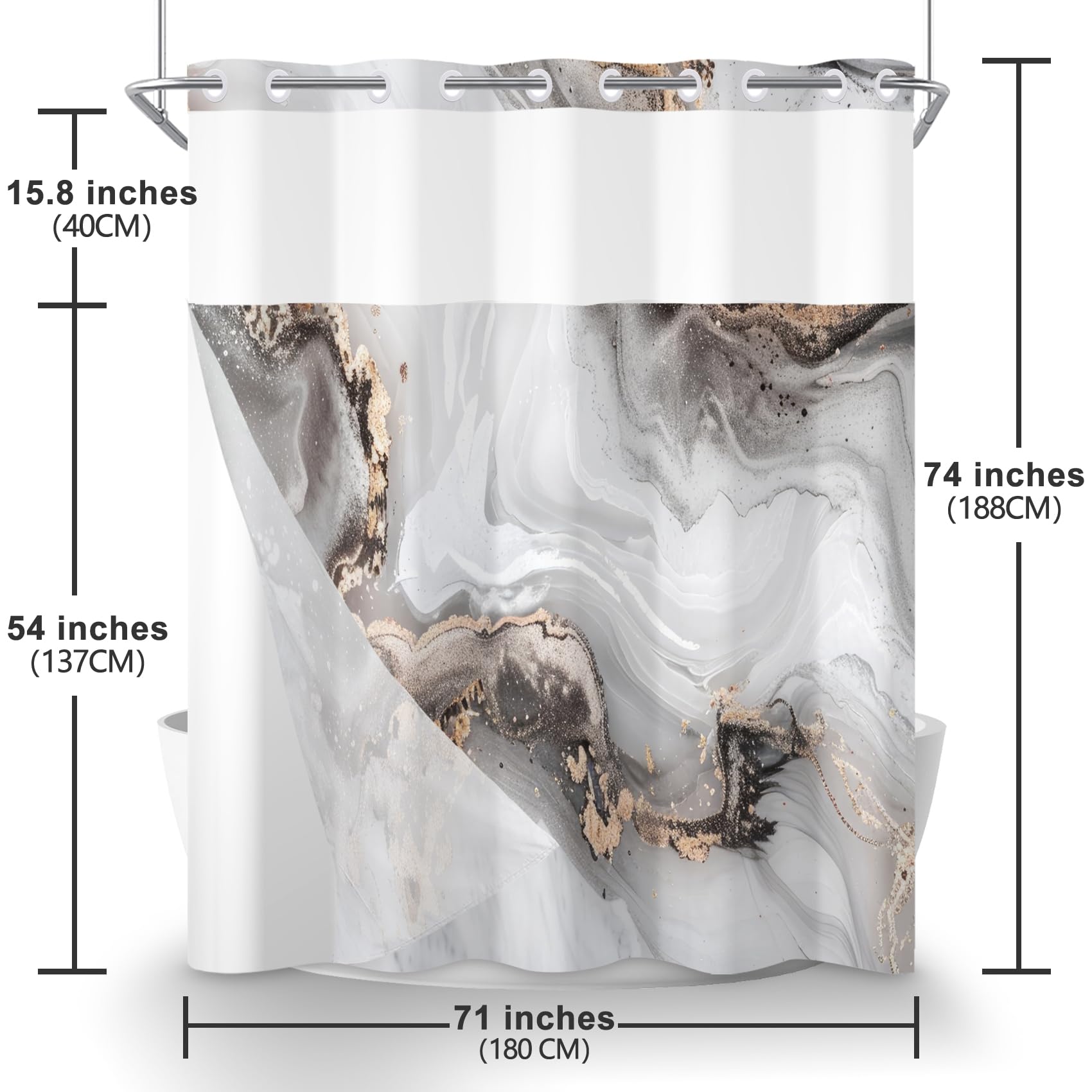 Tenda da doccia senza gancio con fodera a scatto in marmo grigio moderna trama a inchiostro crepe tenda da doccia in tessuto impermeabile trasparente finestra superiore bagno decorativo 180,3