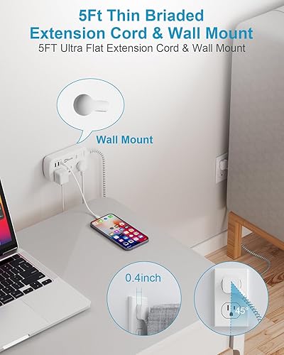 Miniatura 6 de Cable de extensión plano de 5 pies, 6 salidas amplias con 3 puertos USB (1 USB C), regleta de alimentación de enchufe plano 980J, extensor de toma