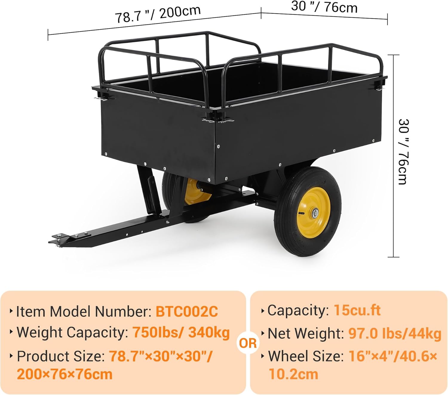 Diagram showing the dimensions of the GAOMON dump cart, including length, width, and height, along with capacity and weight information.