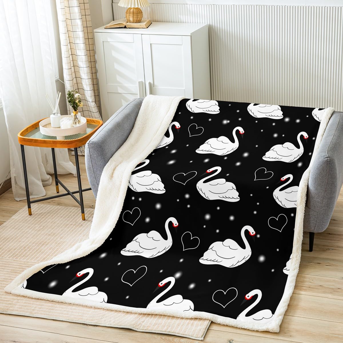 Feelyou Swan Print Sherpa Blanket Throw Blanket Cartoon White Swan Animal Fleece Polka Dots Plush for Couch Sofa Bedroom Decor Galaxy Fuzzy 40"x50"